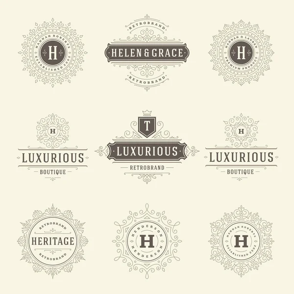 Modèles Logos Luxe Ensemble Fleurit Lignes Élégantes Ornement Calligraphique Panneau — Image vectorielle