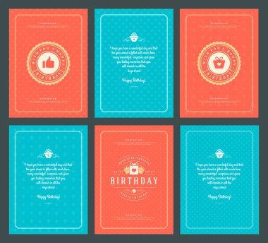 Mutlu Doğum günü tebrik kartları baskı tasarım vektör çizim ayarlayın. Vintage Doğum günü kartı veya dilek mesajı ve desen arka plan etiketi.
