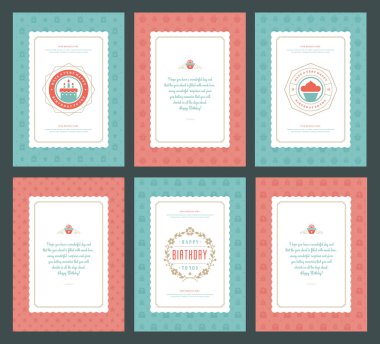 Mutlu Doğum günü tebrik kartları baskı tasarım vektör çizim ayarlayın. Vintage Doğum günü kartı veya dilek mesajı ve desen arka plan etiketi.