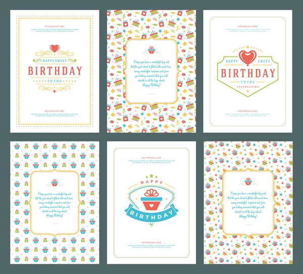 幸せな誕生日グリーティング カード文字体裁デザインは ベクター グラフィックを設定します ビンテージ誕生日バッジや希望のメッセージとパターンの背景を持つラベル — ストックベクタ