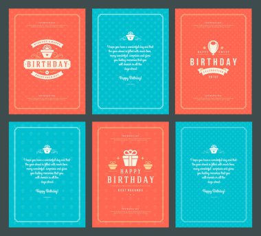 Mutlu Doğum günü tebrik kartları baskı tasarım vektör çizim ayarlayın. Vintage Doğum günü kartı veya dilek mesajı ve desen arka plan etiketi.