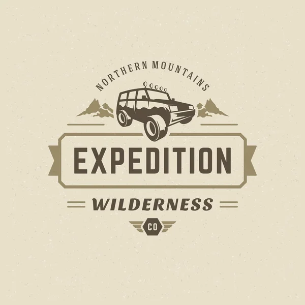 Road Bil Logotyp Emblem Vektorillustration Extrema Äventyr Expedition Safari Suv — Stock vektor