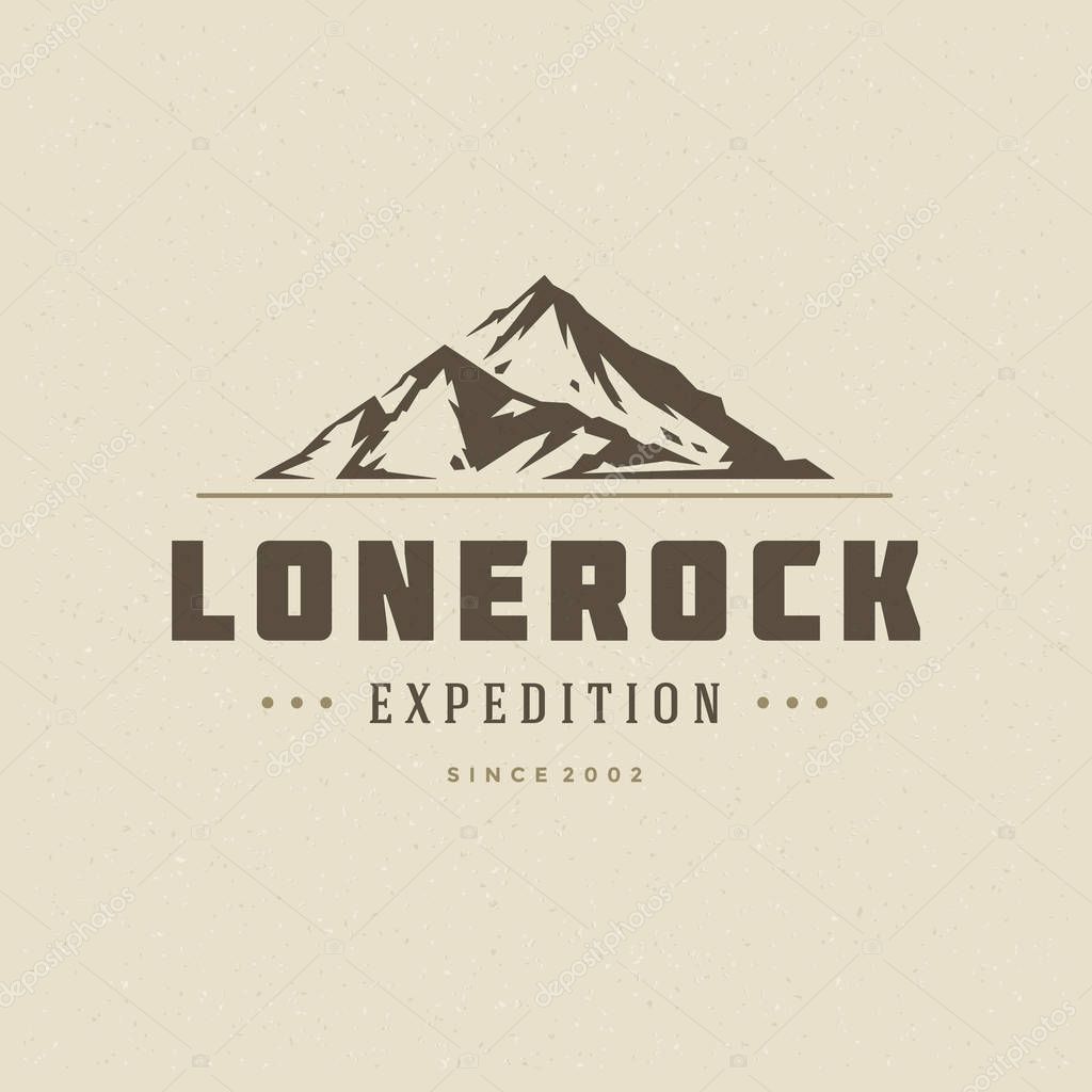 Mountains logo emblem vector illustration. Outdoor adventure expedition, mountains silhouette shirt, print stamp. Vintage typography badge design.