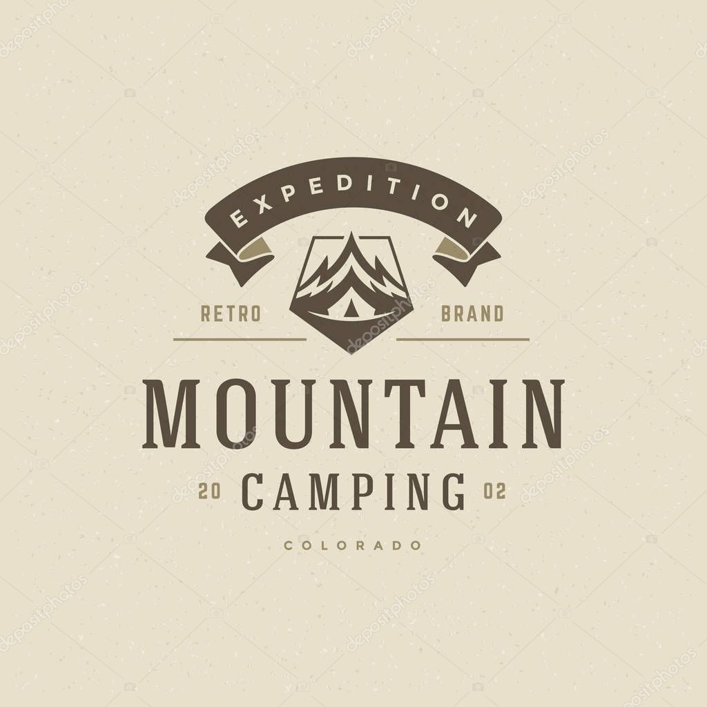 Mountains logo emblem vector illustration. Outdoor adventure expedition, mountains silhouette shirt, print stamp. Vintage typography badge design.