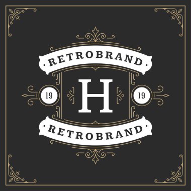 Kaligrafi vintage çerçeve süsleme logo tasarım şablonu vektör gelişir. İyi lüks Crest, butik marka, düğün Salonu, otel işareti.