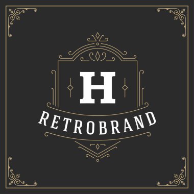Kaligrafi vintage çerçeve süsleme monogram logo tasarım şablonu vektör gelişir. İyi Lüks Crest, butik marka, Düğün Salonu, otel işareti.
