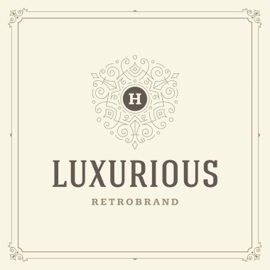Kaligrafi vintage çerçeve süsleme monogram logo tasarım şablonu vektör gelişir. İyi Lüks Crest, butik marka, Düğün Salonu, otel işareti.