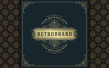 Lüks logo şablonu vektör altın vintage süsleme gelişir. Kraliyet arması, butik marka, Düğün Salonu, otel işareti için iyi. Çerçeve ve desen arka plan.