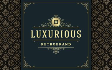 Lüks logo şablonu vektör altın vintage süsleme gelişir. Kraliyet arması, butik marka, Düğün Salonu, otel işareti için iyi. Çerçeve ve desen arka plan.