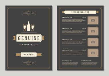 Restoran logo ve menü tasarımı vektör broşür şablonu. Bira şişe siluet.