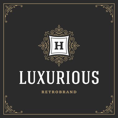 Kaligrafi vintage çerçeve süsleme monogram logo tasarım şablonu vektör gelişir. İyi Lüks Crest, butik marka, Düğün Salonu, otel işareti.