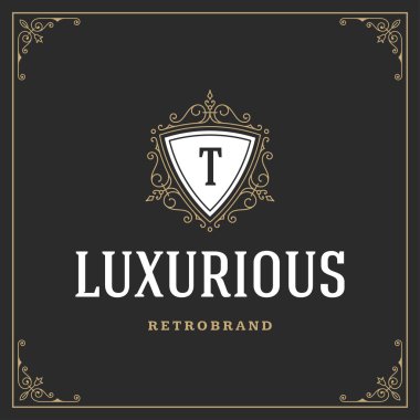 Kaligrafi vintage çerçeve süsleme monogram logo tasarım şablonu vektör gelişir. İyi Lüks Crest, butik marka, Düğün Salonu, otel işareti.