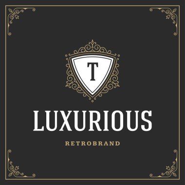 Kaligrafi vintage çerçeve süsleme monogram logo tasarım şablonu vektör gelişir. İyi Lüks Crest, butik marka, Düğün Salonu, otel işareti.
