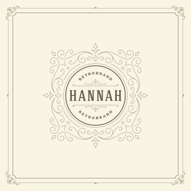 Kaligrafi vintage çerçeve süsleme logo tasarım şablonu vektör gelişir. İyi lüks Crest, butik marka, düğün Salonu, otel işareti.