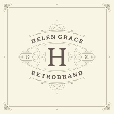 Kaligrafi vintage çerçeve süsleme monogram logo tasarım şablonu vektör gelişir. İyi Lüks Crest, butik marka, Düğün Salonu, otel işareti.