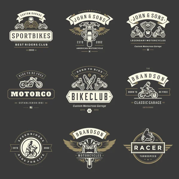 Modelos Logotipos Motocicletas Conjunto Elementos Design Vetorial Emblemas Estilo Vintage —  Vetores de Stock