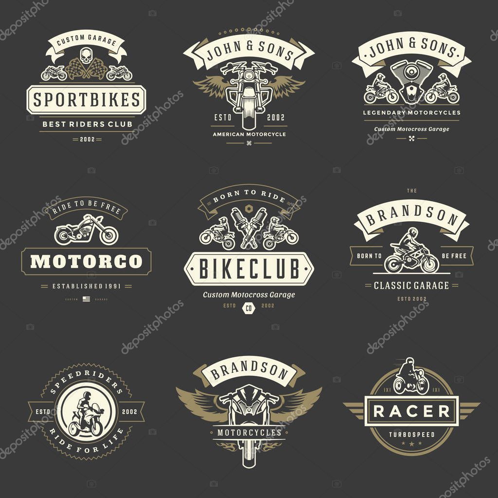 Motorcycles logos templates vector design elements set, vintage style emblems and badges retro illustration. Classic biker clubs, sport motorbike silhouettes.