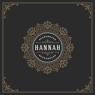 Kaligrafi vintage çerçeve süsleme logo tasarım şablonu vektör gelişir. İyi lüks Crest, butik marka, düğün Salonu, otel işareti.