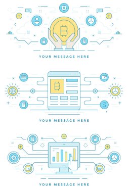 Blockchain kavramı finans afiş ve bitcoin simgesi düz çizgi kontur vektör çizim. Grafik Web sitesi, mobil uygulama, infographics ve Yazdır.