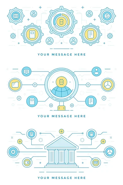 Blockchain Concept Finance Bannière Icône Bitcoin Plat Trait Vecteur Illustration — Image vectorielle