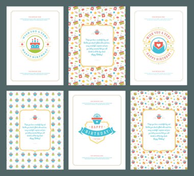 Mutlu Doğum günü tebrik kartları baskı tasarım vektör çizim ayarlayın. Vintage Doğum günü kartı veya dilek mesajı ve desen arka plan etiketi.