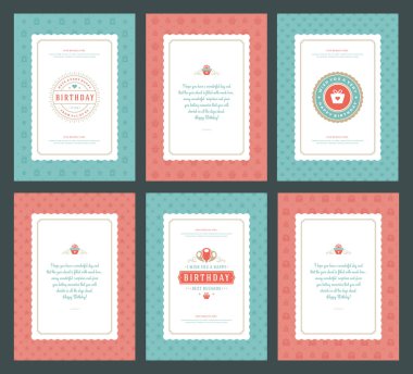 Mutlu Doğum günü tebrik kartları baskı tasarım vektör çizim ayarlayın. Vintage Doğum günü kartı veya dilek mesajı ve desen arka plan etiketi.