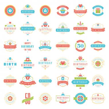 İyi ki doğdun rozetleri ve etiketler vektör tasarım öğeleri kümesi. Doğum günü ve yıldönümü dilek tipografi iletileri için tebrik kartları. Dekorasyon obje, semboller ve illüstrasyon süsler.