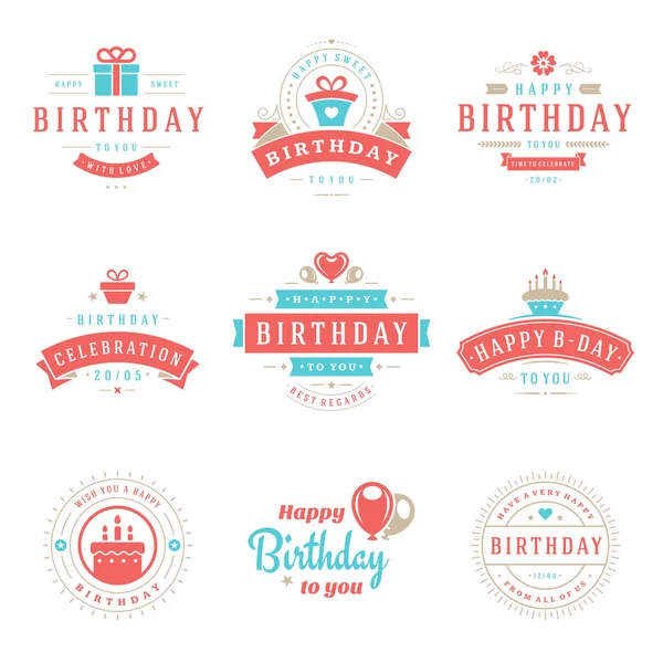 Happy Birthday Badges Labels Juego Elementos Diseño Vectorial Cumpleaños Aniversario — Vector de stock