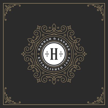 Kaligrafi vintage çerçeve süsleme monogram logo tasarım şablonu vektör gelişir. İyi Lüks Crest, butik marka, Düğün Salonu, otel işareti.