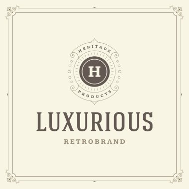 Kaligrafi vintage çerçeve süsleme monogram logo tasarım şablonu vektör gelişir. İyi Lüks Crest, butik marka, Düğün Salonu, otel işareti.
