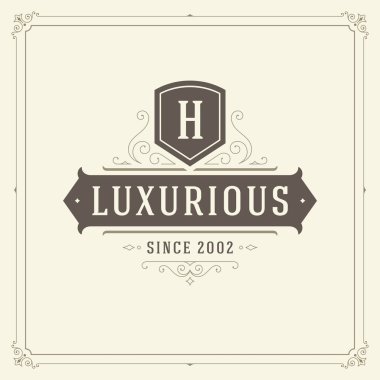 Kaligrafi vintage çerçeve süsleme monogram logo tasarım şablonu vektör gelişir. İyi Lüks Crest, butik marka, Düğün Salonu, otel işareti.
