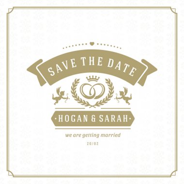 Düğün tarihi davet kartı vektör çizim kaydedin. Düğün davet başlık vintage tasarım. Altın arka plan stili ve desen.