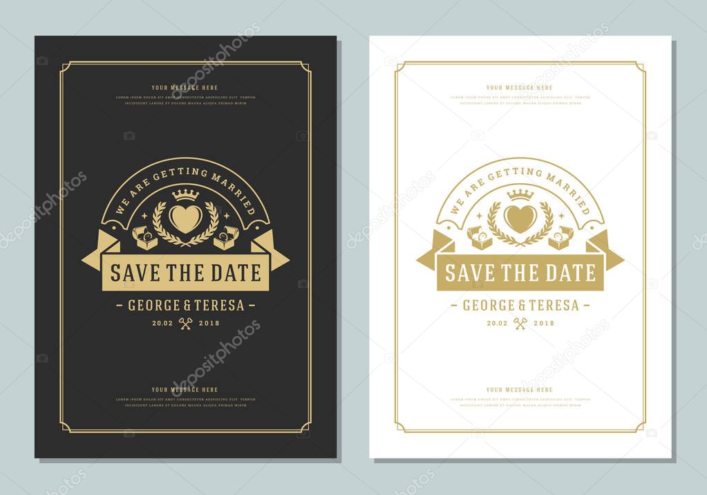 Wedding save the date invitation card vector illustration. Wedding invite title vintage design. Golden style.