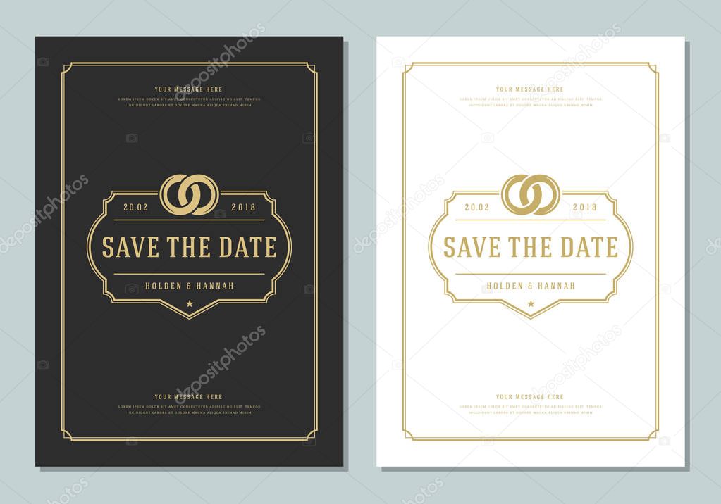 Wedding save the date invitation card vector illustration. Wedding invite title vintage design. Golden style.