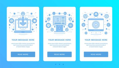 Dikey afiş düz ince çizgi simgeler vektör çizim. Web sitesi için semboller grafik ve promosyon malzemeleri ayarla.