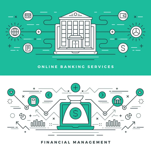 Flat Line Banking Financial Management Concept Ilustração Vetorial Ícones Vetoriais — Vetor de Stock