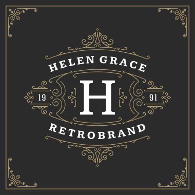 Kaligrafi vintage çerçeve süsleme logo tasarım şablonu vektör gelişir. İyi lüks Crest, butik marka, düğün Salonu, otel işareti.
