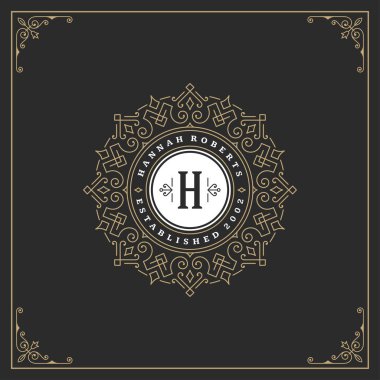 Kaligrafi vintage çerçeve süsleme monogram logo tasarım şablonu vektör gelişir. İyi Lüks Crest, butik marka, Düğün Salonu, otel işareti.