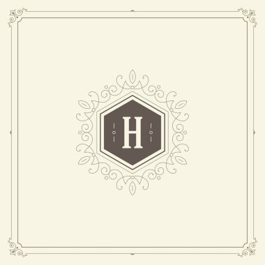 Kaligrafi vintage çerçeve süsleme monogram logo tasarım şablonu vektör gelişir. İyi Lüks Crest, butik marka, Düğün Salonu, otel işareti.