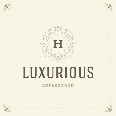 Kaligrafi vintage çerçeve süsleme monogram logo tasarım şablonu vektör gelişir. İyi Lüks Crest, butik marka, Düğün Salonu, otel işareti.