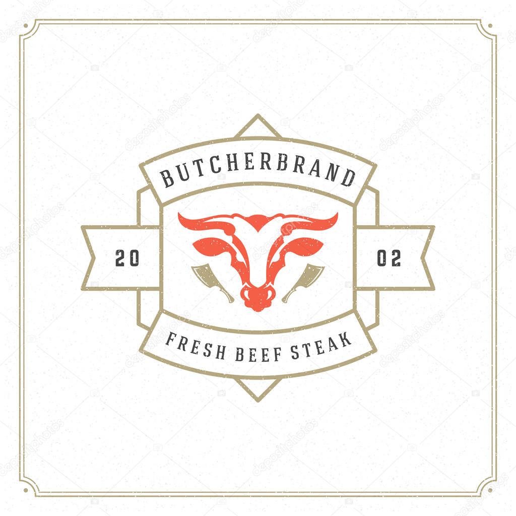 Butcher shop logo vector illustration. Bull head silhouette, good for farm or restaurant badge. Vintage typography emblem design.