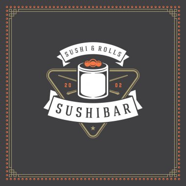 Suşi restoran logo vektör çizim. Japon yemekleri, rulo siluet. Vintage tipografi rozet tasarım.