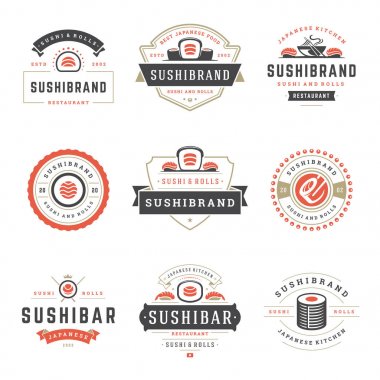 Suşi restoran logoları vektör çizim ayarlayın. Japon gıda, suşi ve rulo siluet. Vintage tipografi rozetleri tasarım.