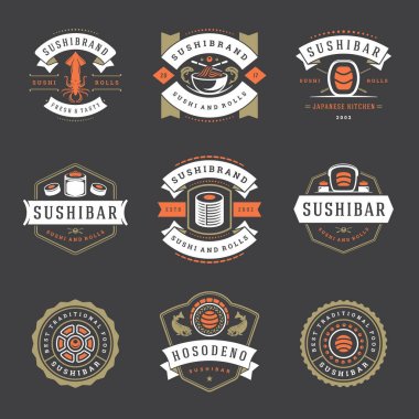 Suşi restoran logoları vektör çizim ayarlayın. Japon gıda, suşi ve rulo siluet. Vintage tipografi rozetleri tasarım.