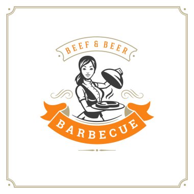 Restoran logo vektör çizim ızgara. Barbekü et lokantası menüsü amblemi, tepsi siluet garsonla. Vintage tipografi rozet tasarım.