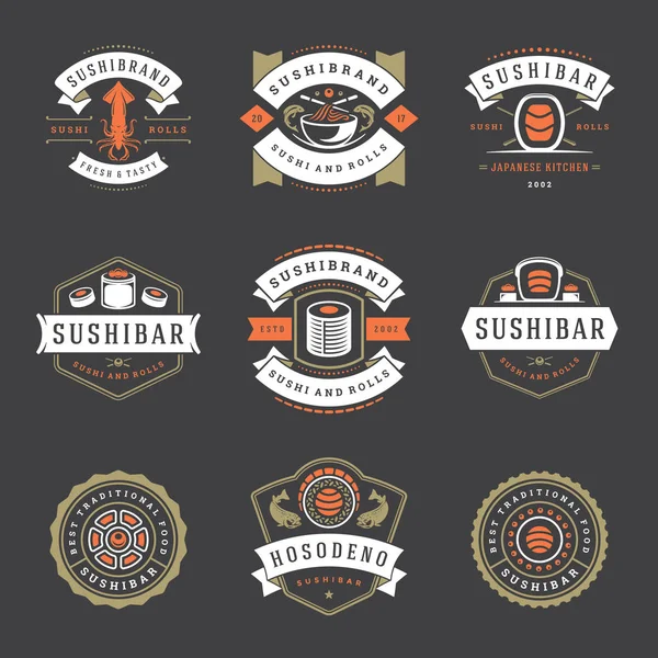 寿司餐厅徽标设置矢量插图 日本菜 寿司和卷剪影 老式版式徽章设计 — 图库矢量图片