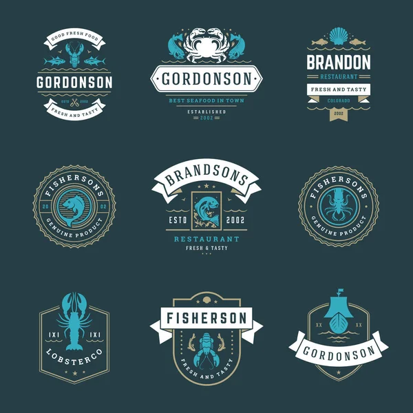 Logotipos Restaurantes Mariscos Set Vector Ilustración Emblemas Mercado Pescadores Peces — Vector de stock
