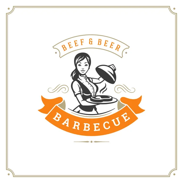 Ilustrasi Vektor Logo Restoran Grill Lambang Menu Rumah Bistik Barbekyu - Stok Vektor