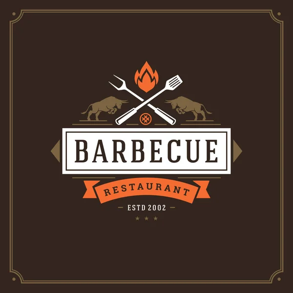 Grill Restaurante Logotipo Vetor Ilustração Barbecue Steak House Menu Emblema — Vetor de Stock