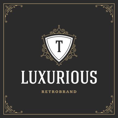 Kaligrafi vintage çerçeve süsleme monogram logo tasarım şablonu vektör gelişir. İyi Lüks Crest, butik marka, Düğün Salonu, otel işareti.